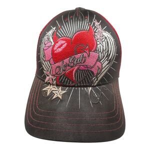 Y2K SoCal Tattoo Devil Heart Trucker Hat Red Black Rhinestone